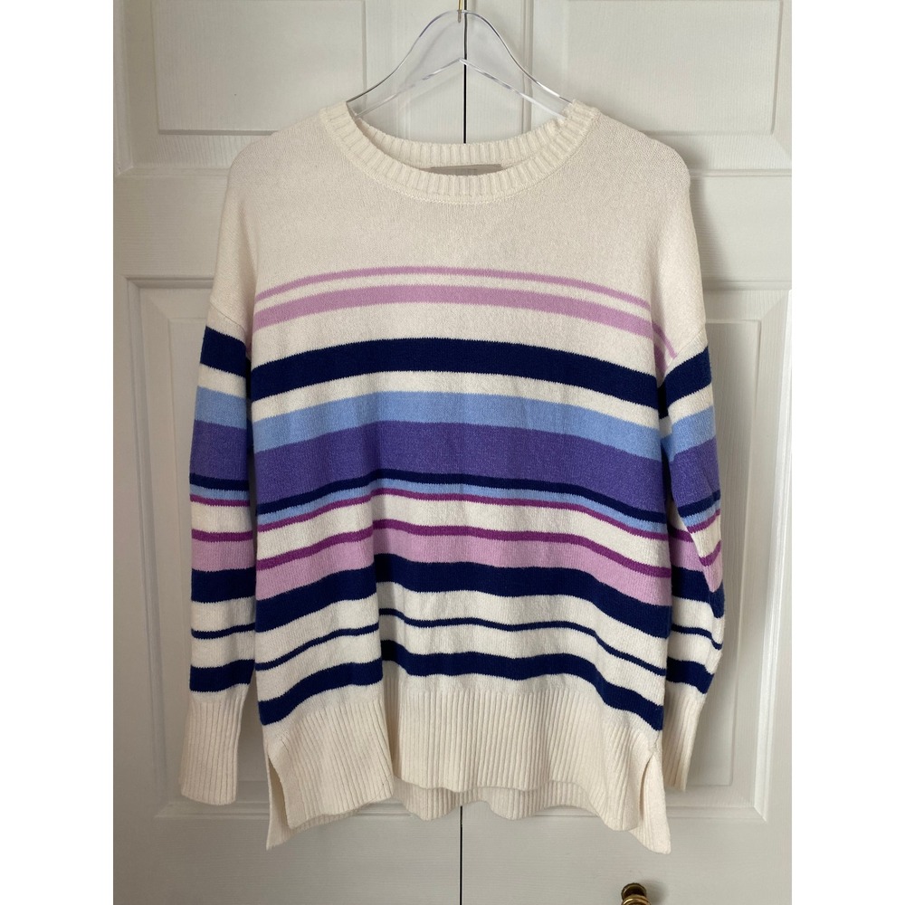 LOFT Womens Striped Crew Neck Sweater White Purple Blue Knit Pullover Size M NEW
